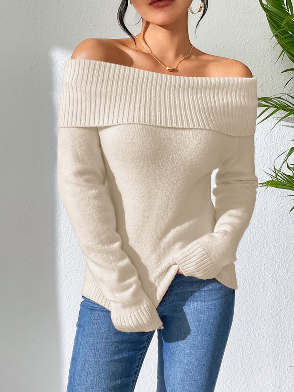 Ribbed Knit Off Shoulder Sweater